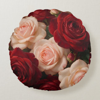 Red & Blush Pink Roses — Romantic Vintage Floral B Round Cushion