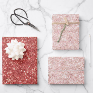 Red Blush Pink Sparkle Glitter Christmas Wrapping Paper Sheet