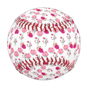 Red & Blush Pink Symmetrical Floral Garden Pattern Baseball