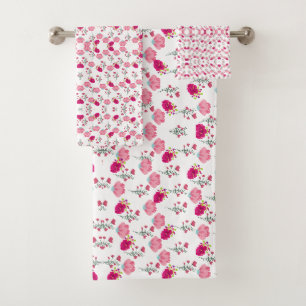 Red & Blush Pink Symmetrical Floral Garden Pattern Bath Towel Set