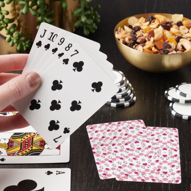 Red & Blush Pink Symmetrical Floral Garden Pattern Playing Cards (In Situ)
