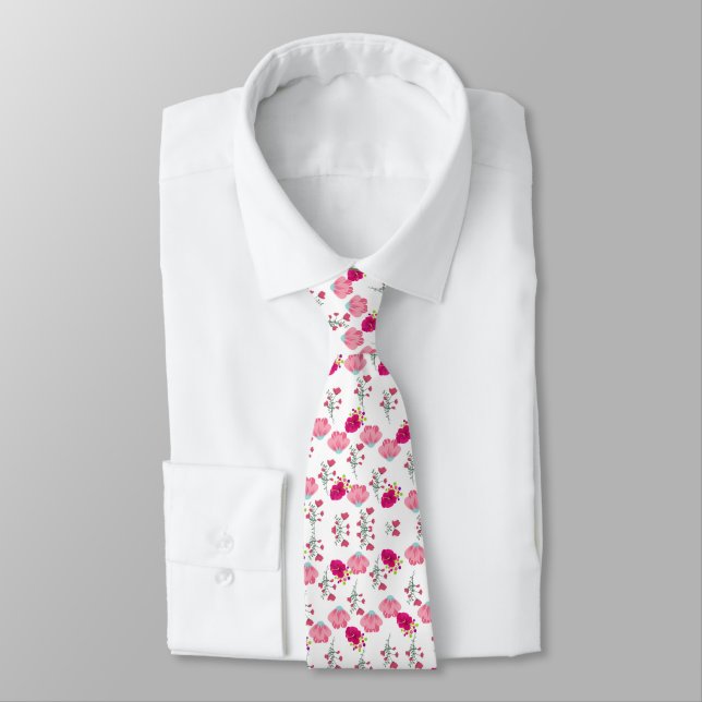Red & Blush Pink Symmetrical Floral Garden Pattern Tie (Tied)