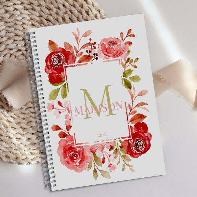 Red Blush Roses Botanical Floral Monogram Planner (Creator Uploaded)