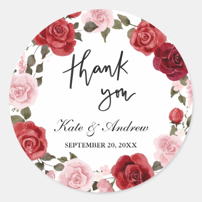 Red Blush Roses Floral Wreath | Thank You Classic Round Sticker (Front)