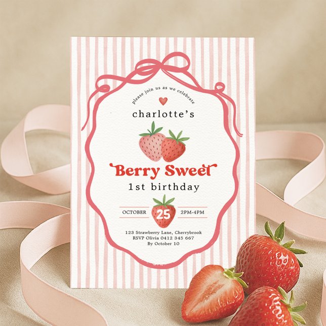 Red Blush Strawberry Berry Sweet 1st Birthday Invitation (Creator Uploaded)