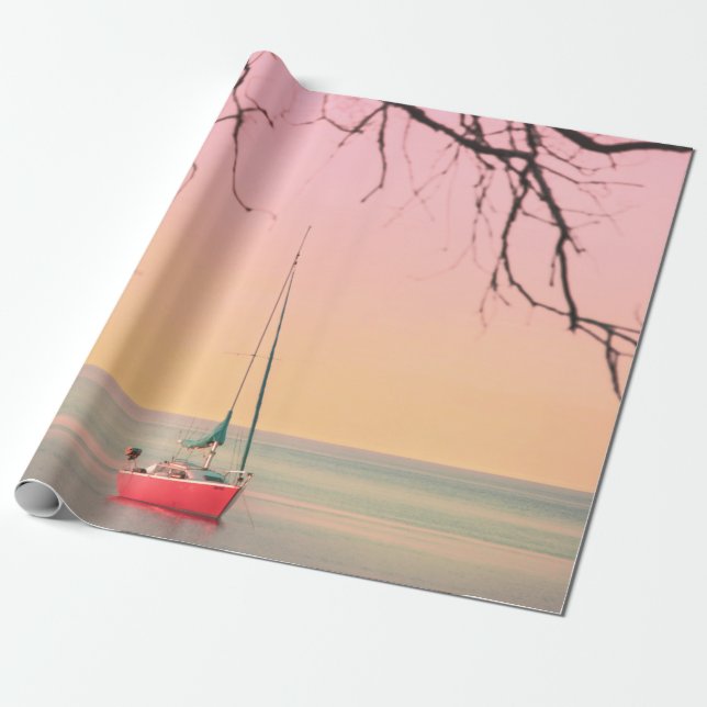 RED BOAT ON BEACH DURING SUNSET WRAPPING PAPER (Unrolled)