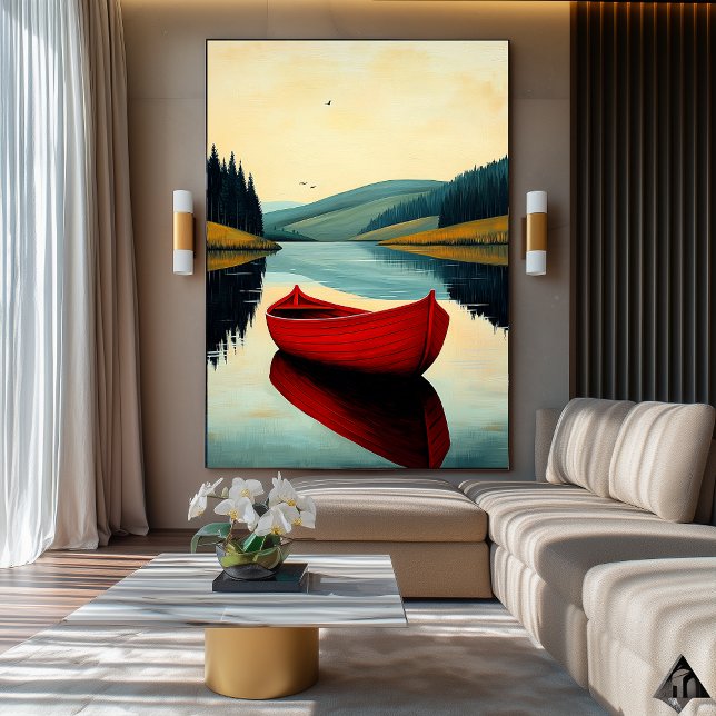 Red Boat Reflection – Naïf Serene Lake Art Poster (Creator Uploaded)