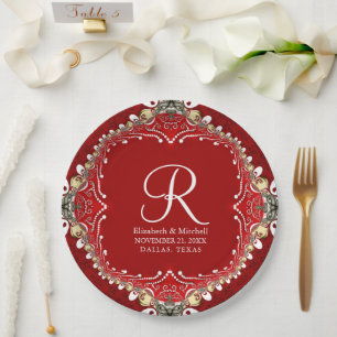 Red Bohemian Batik Monogram V2 Wedding Paper Plate