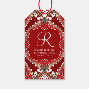 Red Bohemian Batik Monogram Wedding  Gift Tags