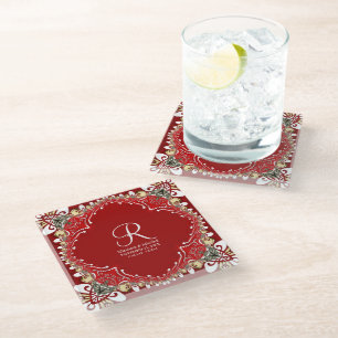 Red Bohemian Batik Monogram Wedding Glass Coaster
