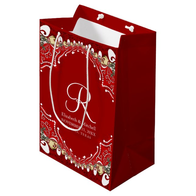 Red Bohemian Batik Monogram Wedding  Medium Gift Bag (Front Angled)