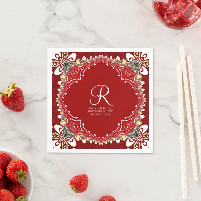 Red Bohemian Batik Monogram Wedding  Napkin (Insitu)