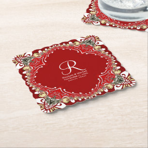 Red Bohemian Batik Monogram Wedding Paper Coaster