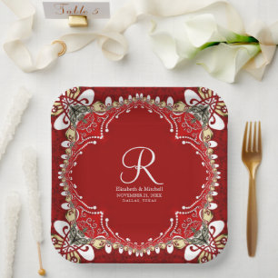 Red Bohemian Batik Monogram Wedding Paper Plate