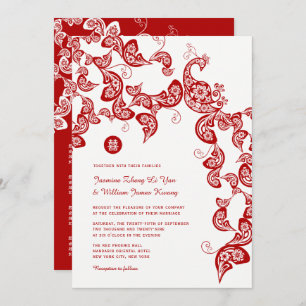 Red Boho Floral Peacock Elegant Chinese Wedding Invitation