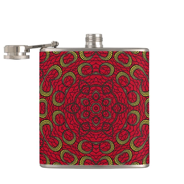 Red Boho Mandala Geometric Rosette Retro Hippie Hip Flask (Opened)