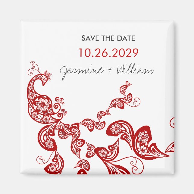 Red Boho Peacock Chic Asian Wedding Save The Date Magnet (Front)