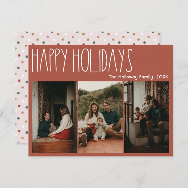 Red Boho Polka Dot Happy Holidays Three-Photo Holiday Card (Front/Back)