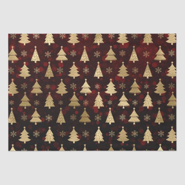 Red Bokeh and Gold Foil Christmas Trees Tissue Paper (Front)