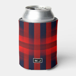 Red Bokeh Buffalo Plaid Monogram Can Cooler