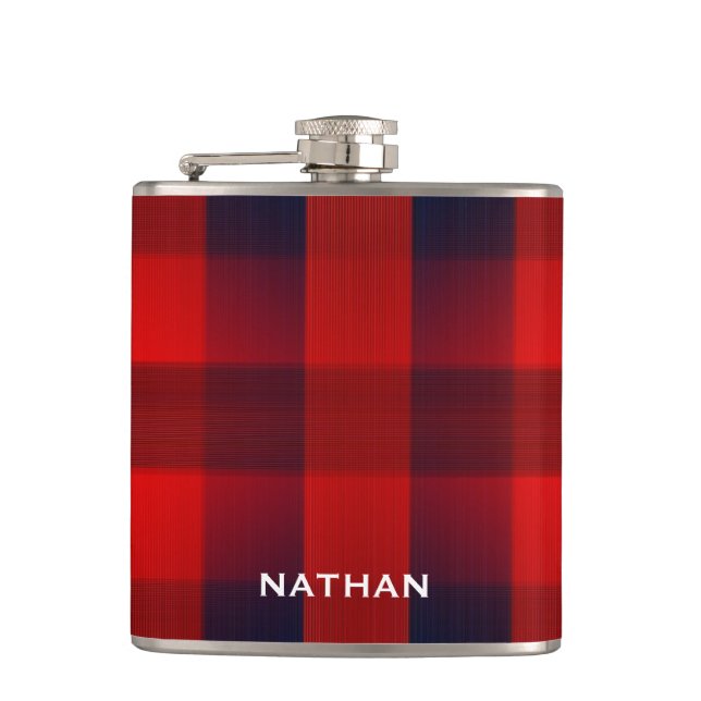 Red Bokeh Buffalo Plaid Personalised Hip Flask (Front)