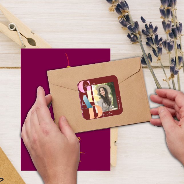 Red Bold Font Class of 2026 Photo Graduation Square Sticker (Beautiful Red Bold Font Photo 2024 Graduation Square Sticker)