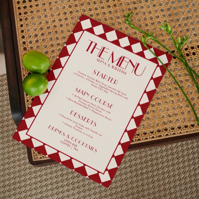 Red Bold Funky Retro Chequerboard Wedding Menu  (Creator Uploaded)