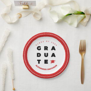 Red Bold GRADUATE Letters and Cap Graduation Paper Plate