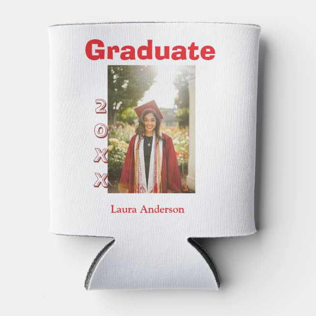 Red bold photo graduation add name class text can cooler (Front)