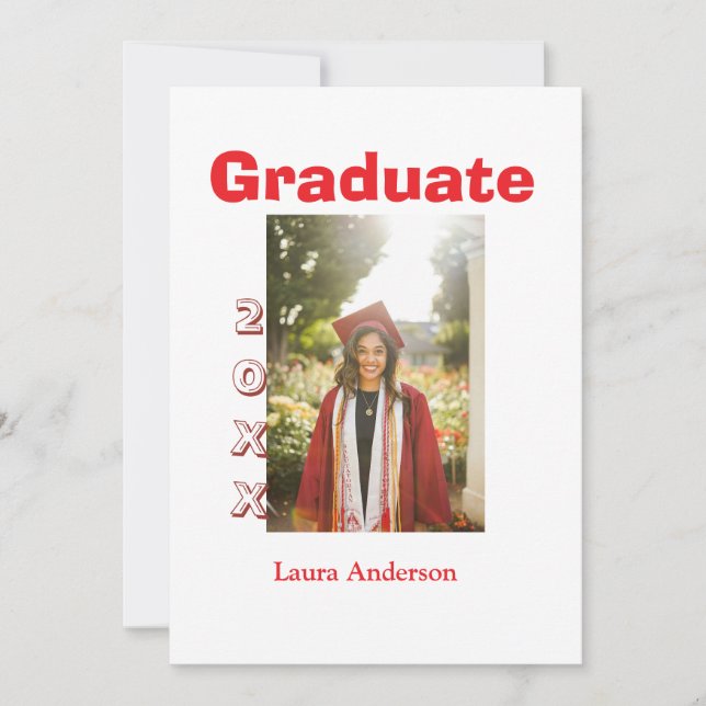 Red bold photo graduation add name class text invitation (Front)