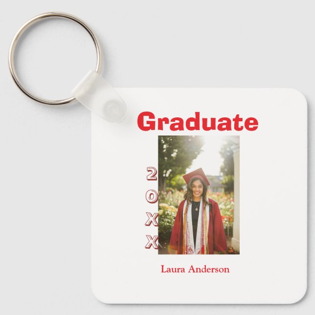 Red bold photo graduation add name class text key ring (Front)