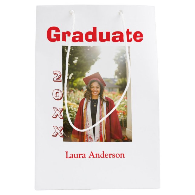 Red bold photo graduation add name class text medium gift bag (Front)
