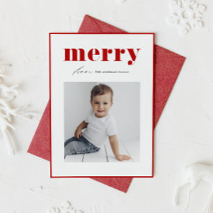 Red Bold Retro Merry Typography Photo Christmas Holiday Card