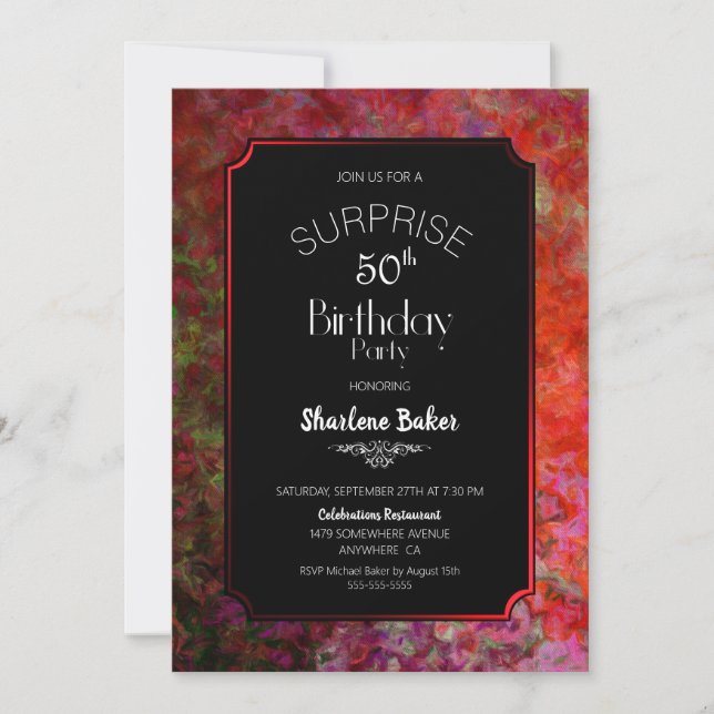 Red Border Black Surprise 50th Birthday Party Invitation (Front)