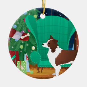 Red Border Collie Christmas and Santa's Gift Ceramic Ornament