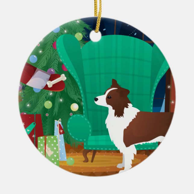Red Border Collie Christmas and Santa's Gift Ceramic Ornament (Front)
