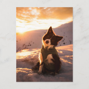 Red Border Collie in Snowy Mountains at Sunset Postcard