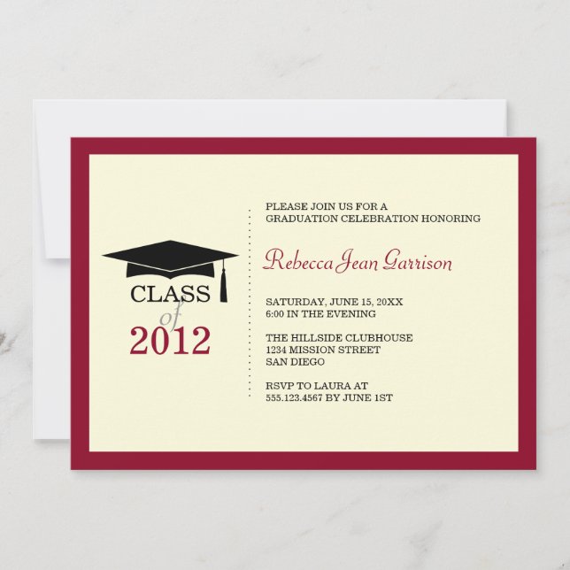 Red border ecru cap tassel graduation announcement (Front)