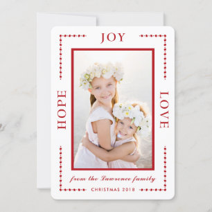 Red Border Hope Joy Love Modern Christmas Photo Holiday Card