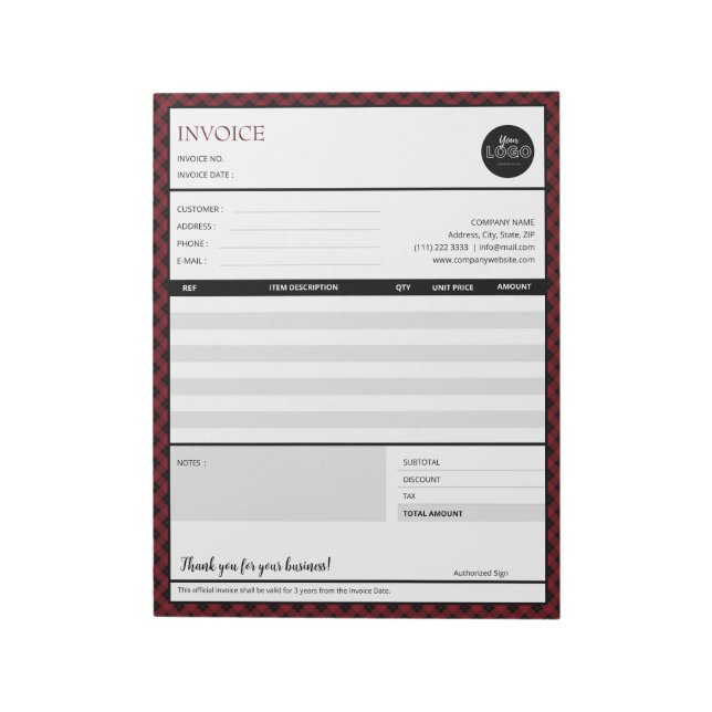 Red Border Minimalist Business Invoice Template Notepad (Rotated)