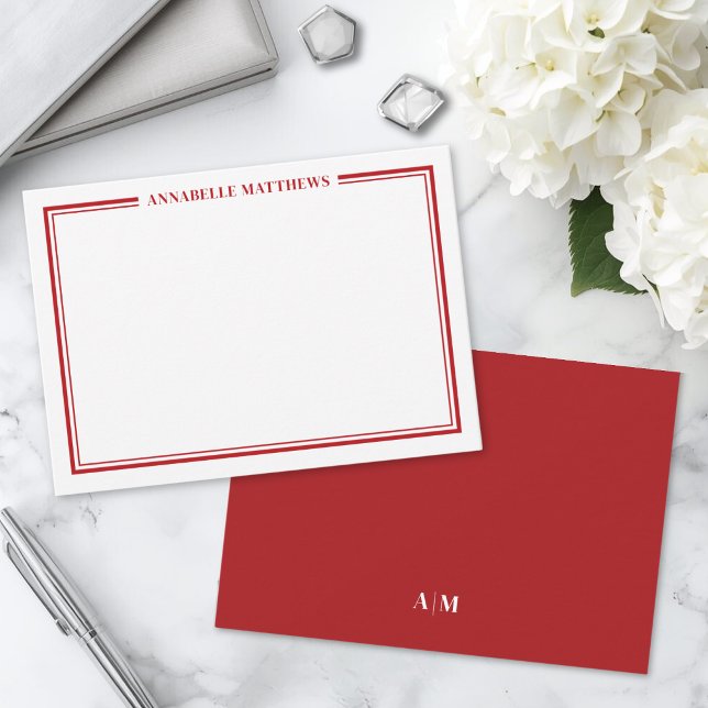 Red Border Minimalist Name Monogram Card (Red Border Minimalist Name Monogram Note Card)