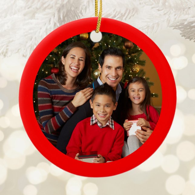Red Border Photo Ceramic Tree Decoration (Red Framed Round Ornament)
