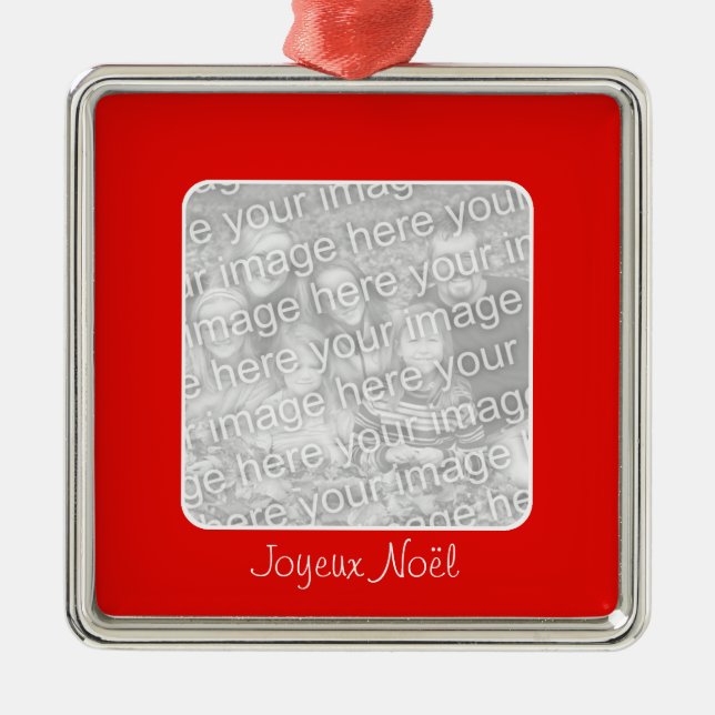 Red Border Photo Joyeux Noël Metal Tree Decoration (Front)