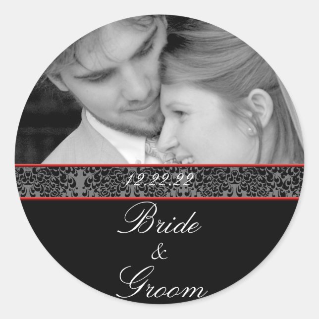 Red Borders Your Photo Wedding Classic Round Sticker (Front)