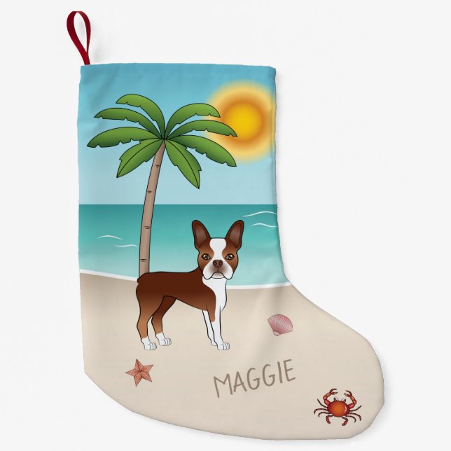 Red Boston Terrier At A Tropical Summer Beach Small Christmas Stocking (Front)