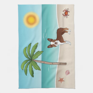 Red Boston Terrier At A Tropical Summer Beach Tea Towel