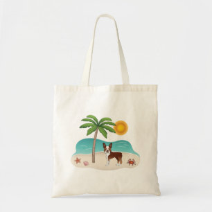 Red Boston Terrier At A Tropical Summer Beach Tote Bag