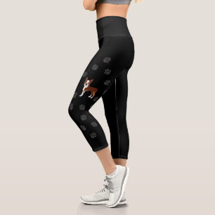 Red Boston Terrier Cartoon Dog & Grey Paws Black Capri Leggings