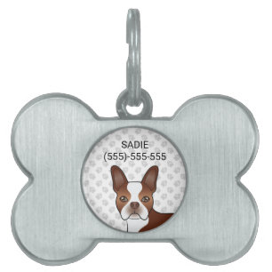 Red Boston Terrier Cartoon Dog Head & Paws Pet ID Tag