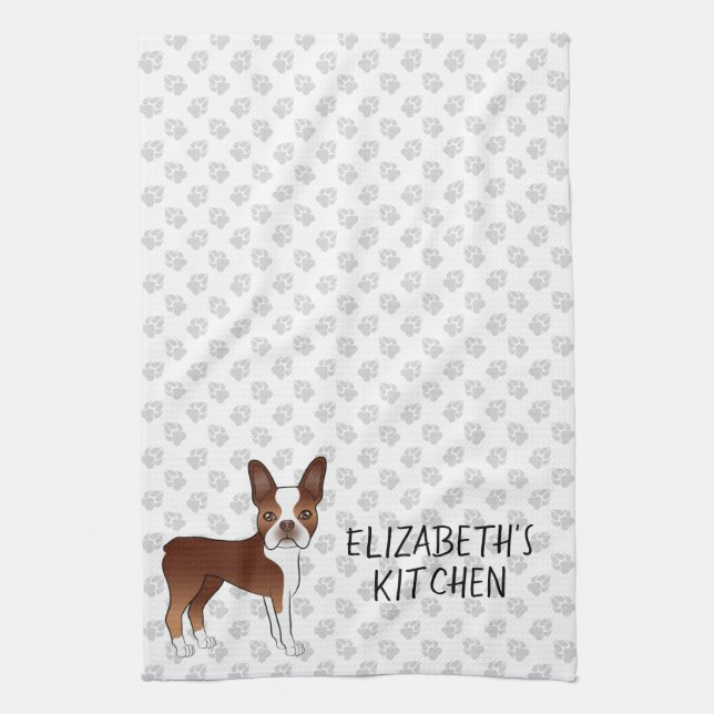 Red Boston Terrier Cartoon Dog & Your Custom Text Tea Towel (Vertical)